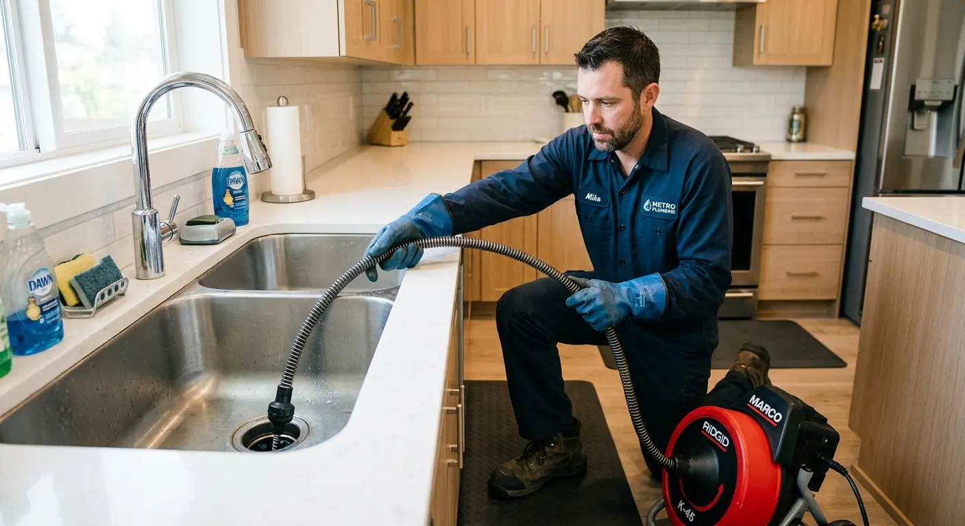 Drain cleaning technician using a motorized snake on a kitchen sink in Topanga