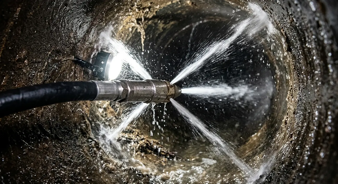 High-pressure hydro jetting nozzle cleaning sewer pipe for Sewer Line Relining in Topanga