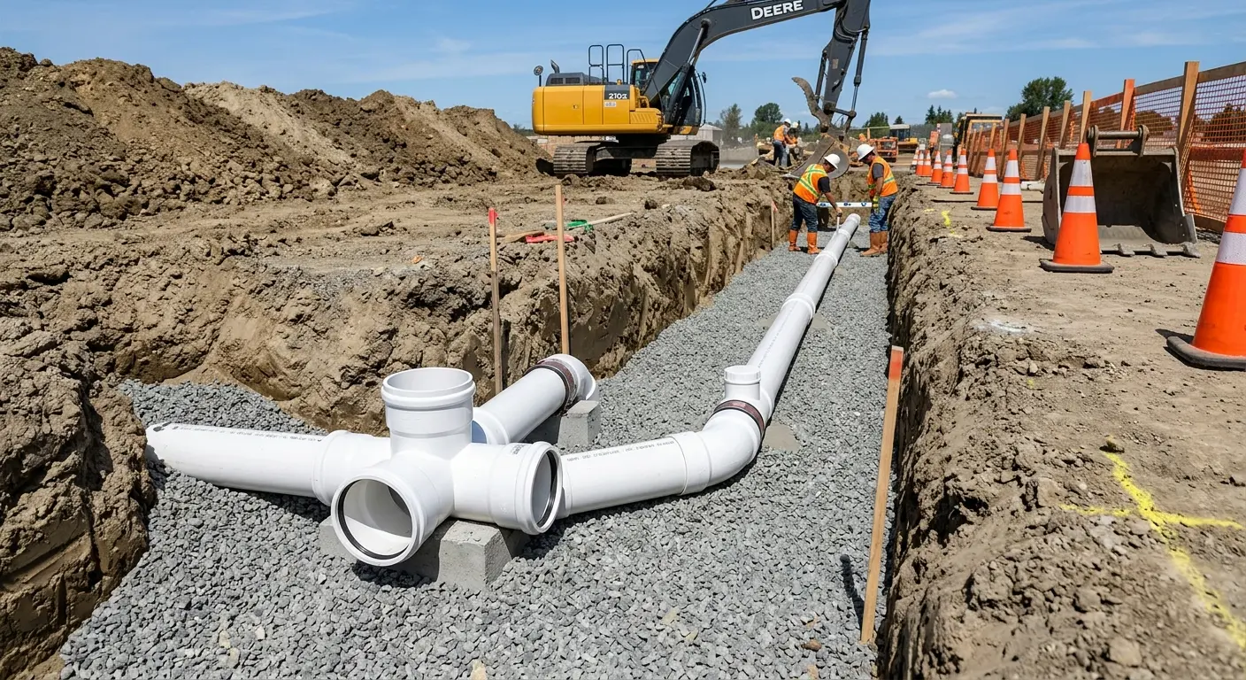 New PVC sewer pipe installation in open trench for Sewer Backup in Topanga