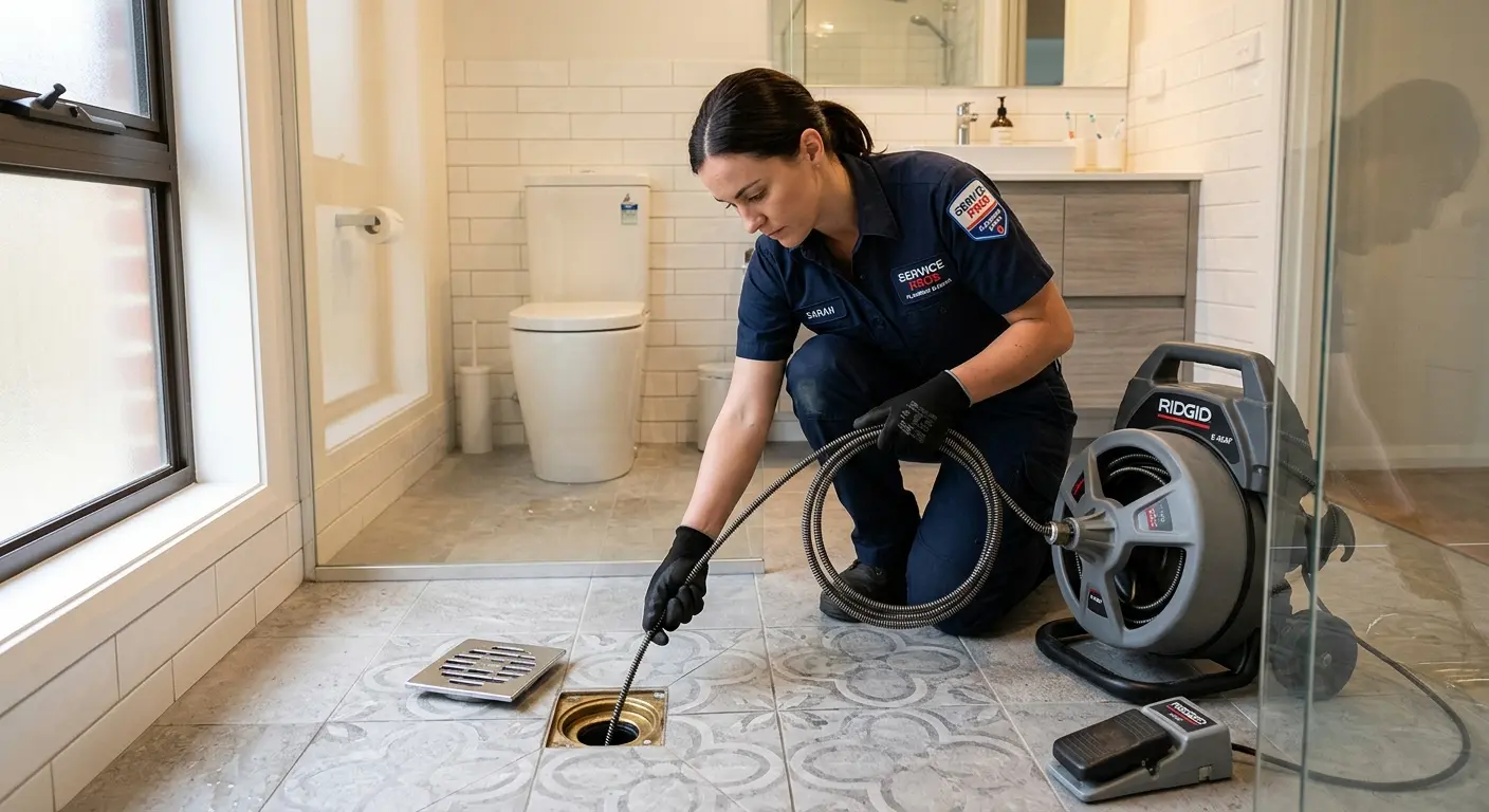 Technician clearing a bathroom floor drain for Sewer Line Replacement in Topanga